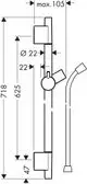Zeichnung einer Brausestange mit zwei Halterungen und einem Brauseschlauch. Die Maße sind skaliert und beschreiben die Positions- und Montagepunkte. Produkt von Hansgrohe.